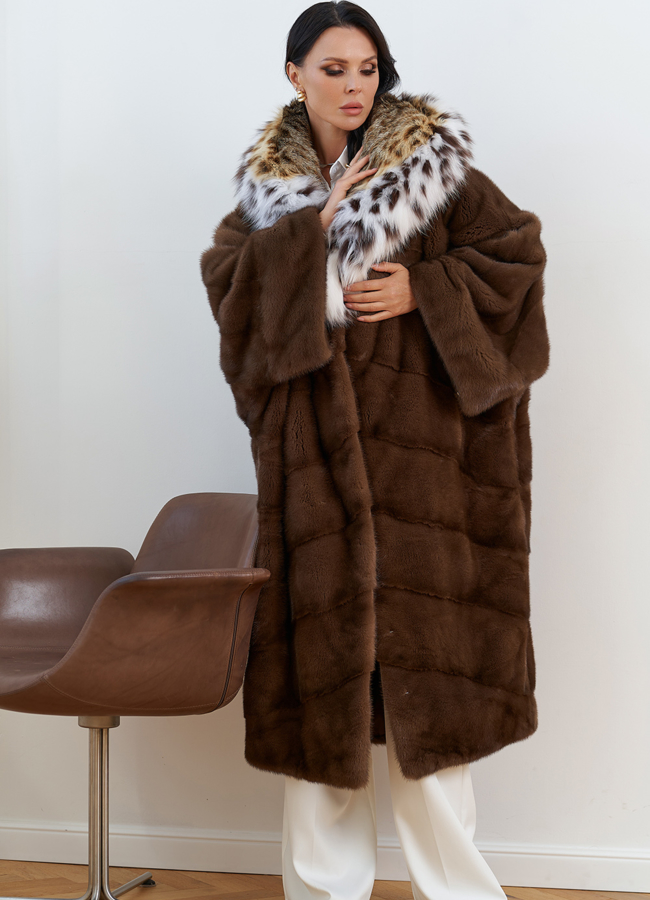 Женская шуба из меха норки с капюшоном из меха рыси модель № 30694 универмаг малина