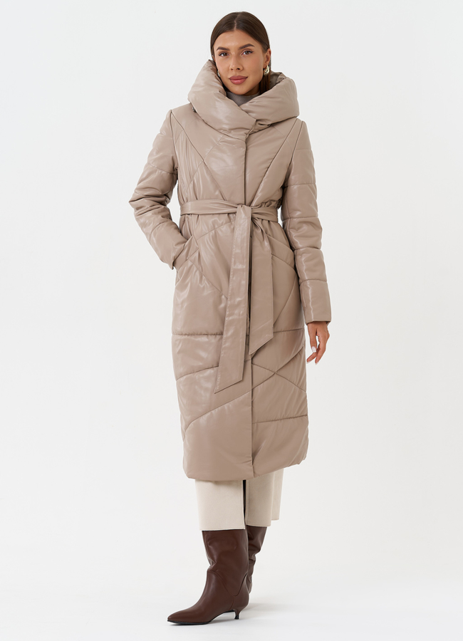 Женский пуховик из эко кожи с поясом модель № 28516 меха малина