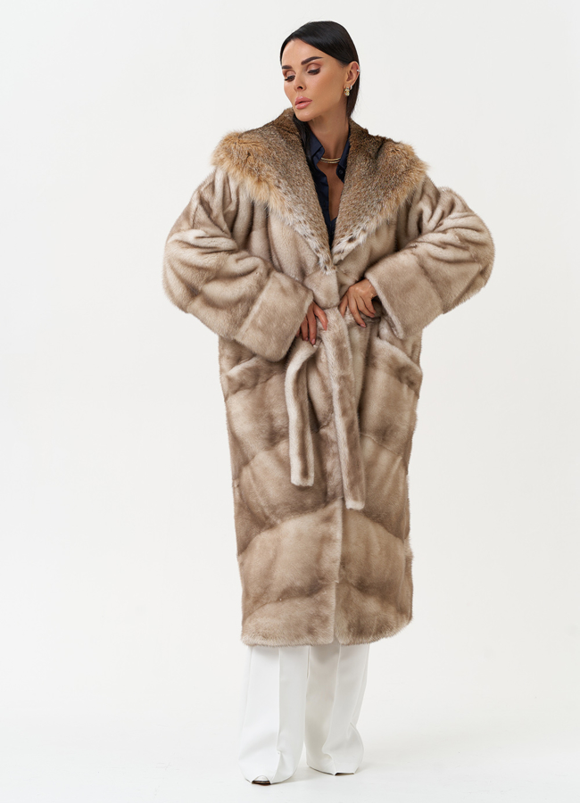 Женская шуба из меха норки с капюшоном из меха рыси модель № 31161 универмаг малина