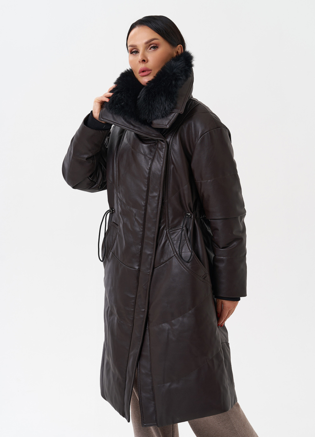 Женский кожаный пуховик с отделкой из натурального меха модель № 28918 универмаг малина