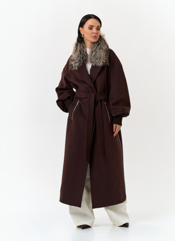 Женское длинное пальто с отделкой из меха лисы