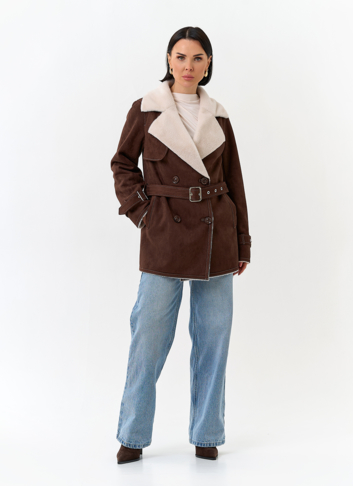 Женская дубленка из эко замши с английским воротником