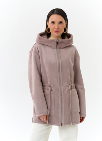 Двухсторонняя дубленка из эко замши с капюшоном