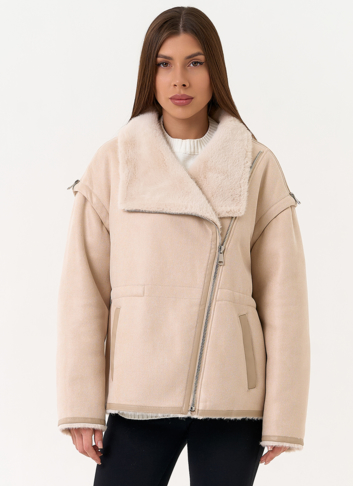 Женская дубленка из эко замши с отложным воротником