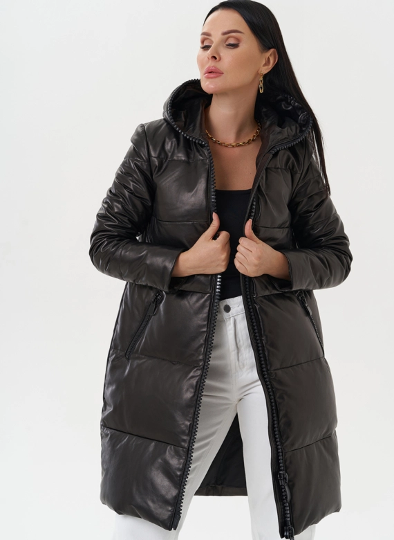 Кожаный пуховик с капюшоном