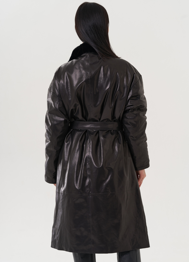 Пальто женское из натуральной кожи с отделкой из кролика  модель № 25377 в кредит