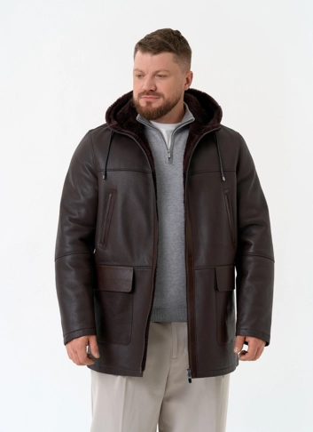 Мужская натуральная дубленка с капюшоном