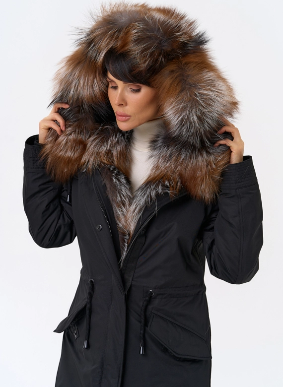 Женская парка с капюшоном из меха чернобурой лисы