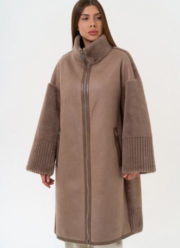 Женская двухсторонняя дубленка из эко замши с воротником стойкой