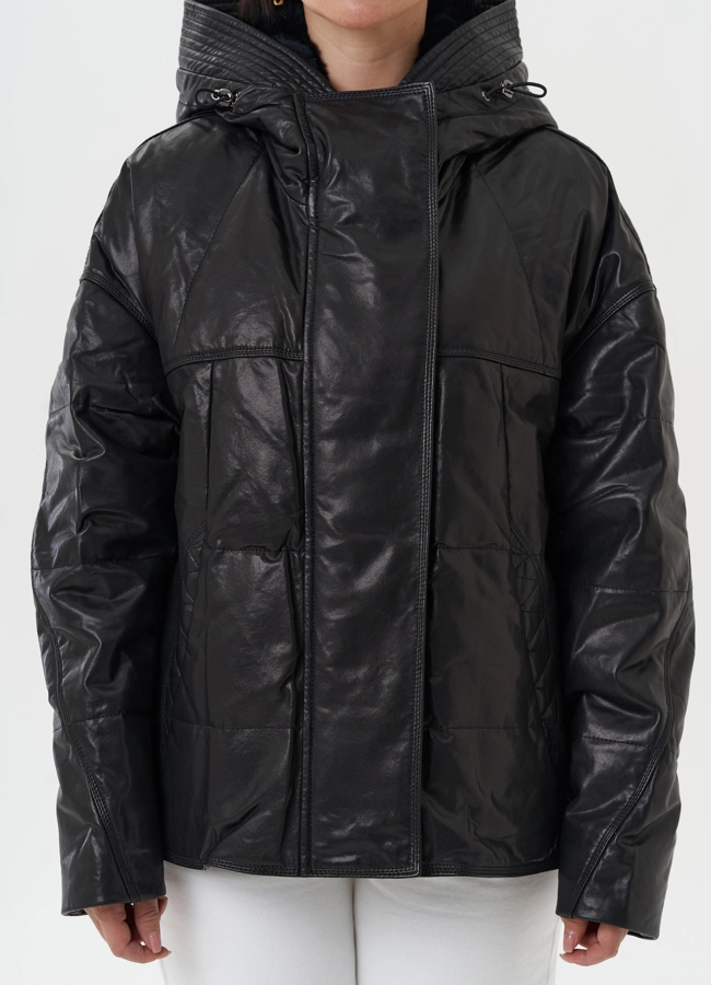 Утепленная куртка из натуральной кожи с капюшоном модель № 28111 универмаг малина
