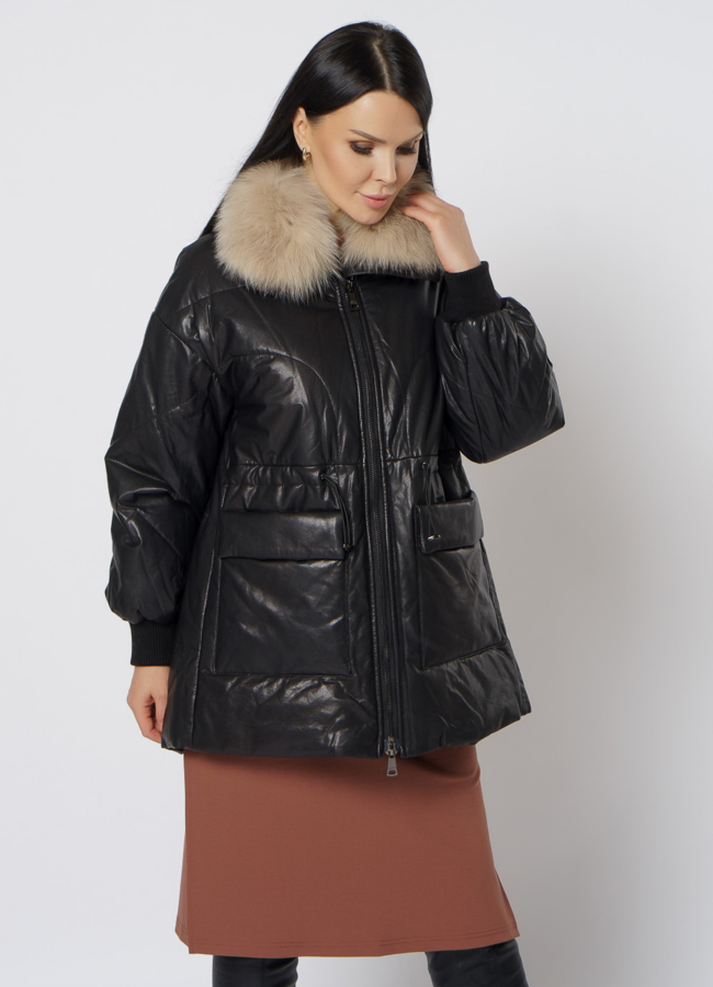 Утепленная кожаная куртка с песцом модель № 21796 универмаг малина