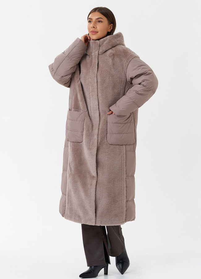 фото Комбинированное пальто с капюшоном модель № 28673