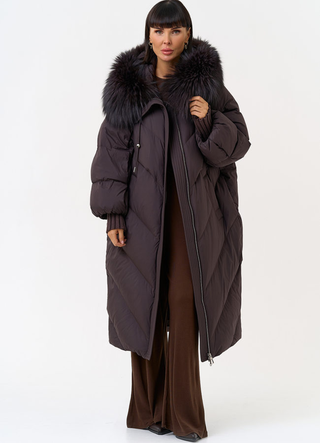 Женский пуховик с капюшоном из меха чернобурки модель № 31538 меха малина