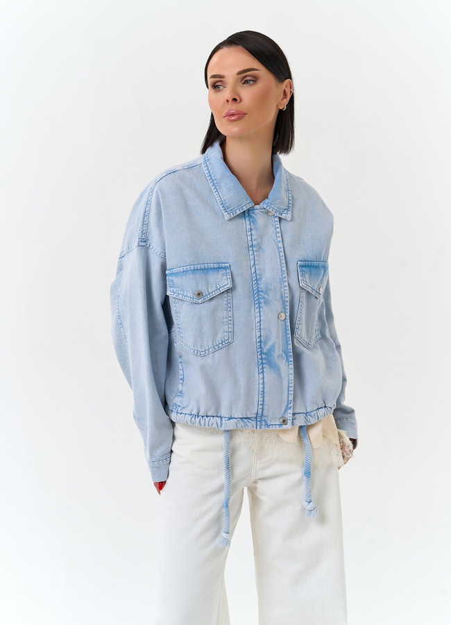 Женская объемная джинсовая куртка  модель № 33128 меха малина