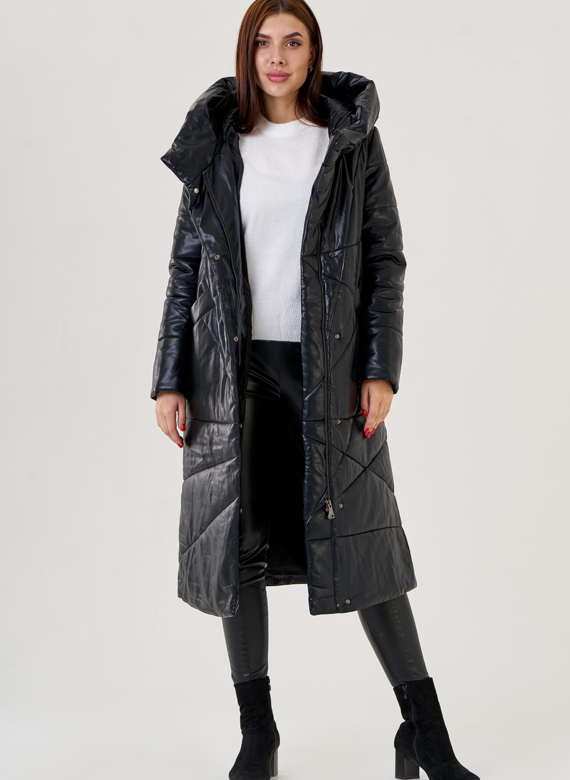 Черный длинный пуховик из эко кожи Malina Siberian