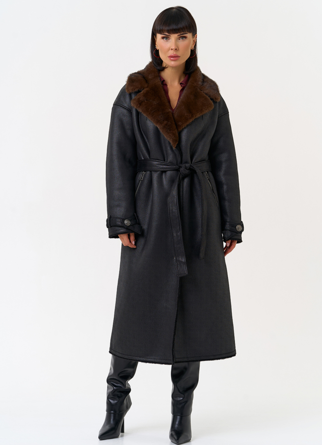 Женская дубленка из эко замши с английским воротником модель № 31507 меха малина