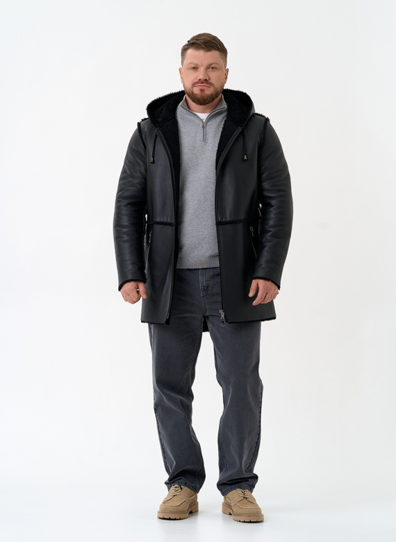 Мужская натуральная дубленка с капюшоном