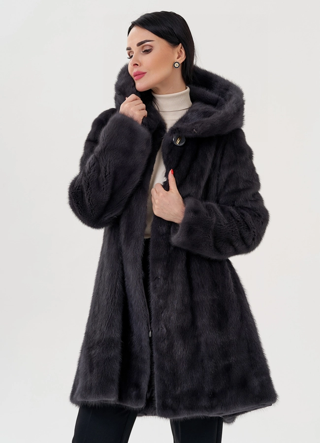 Норковая шуба балетка, в цвете графит с капюшоном модель № 25006 универмаг малина