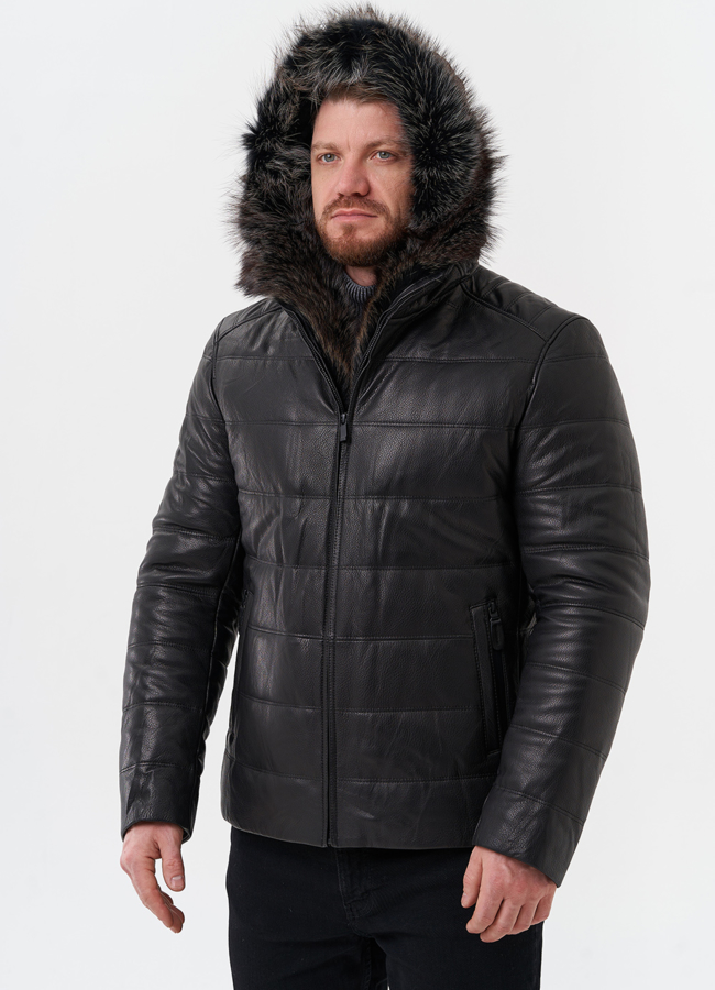 Пуховик из натуральной кожи с капюшоном из меха енота модель № 25455 универмаг малина