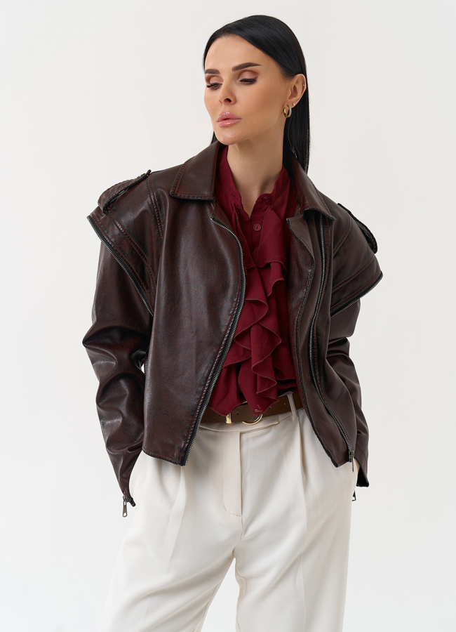 Куртка женская из эко кожи в стиле ретро модель № 30448 меха малина