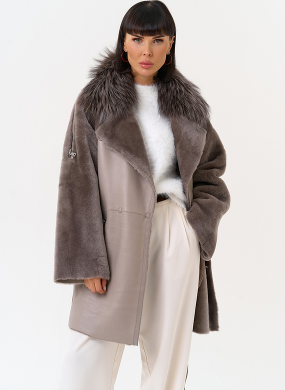 Женская натуральная дубленка с воротником из меха лисы