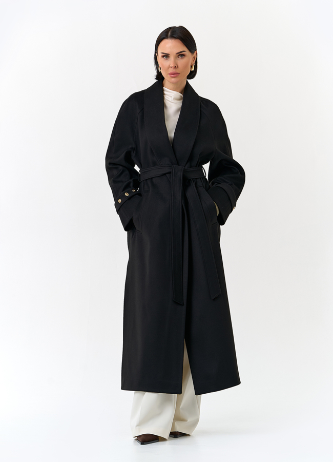 Женское длинное пальто с поясом модель № 32851 меха малина