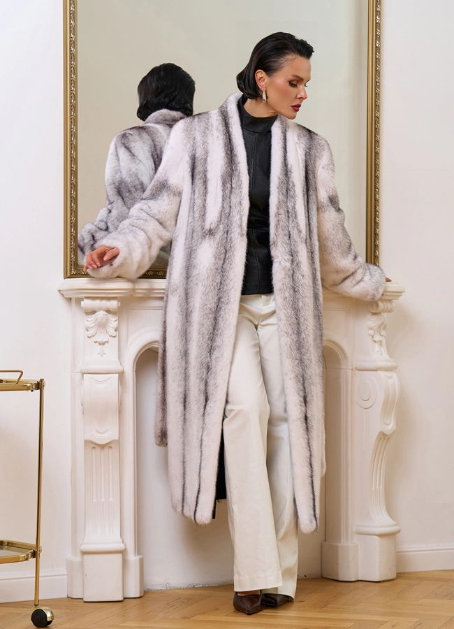 Длинная шуба из норки крестовки модель № 34453 в кредит фото