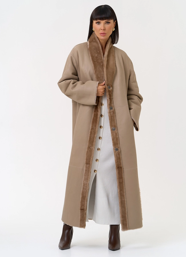 Двухсторонняя женская дубленка с декоративным поясом модель № 31632 универмаг малина