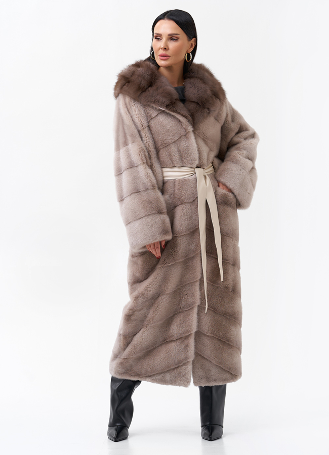 Длинная шуба из норки с капюшоном модель № 28128 универмаг малина