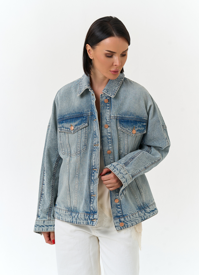 Женская джинсовая куртка со стразами модель № 33130 универмаг малина