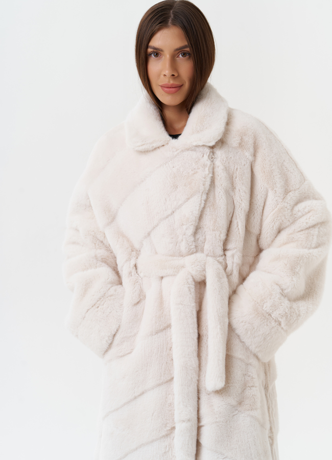 Шуба из эко меха с поясом модель № 28426 в рассрочку