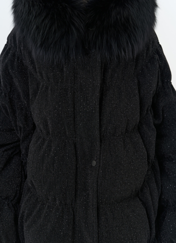 Женский блестящий пуховик с отделкой из меха чернобурки