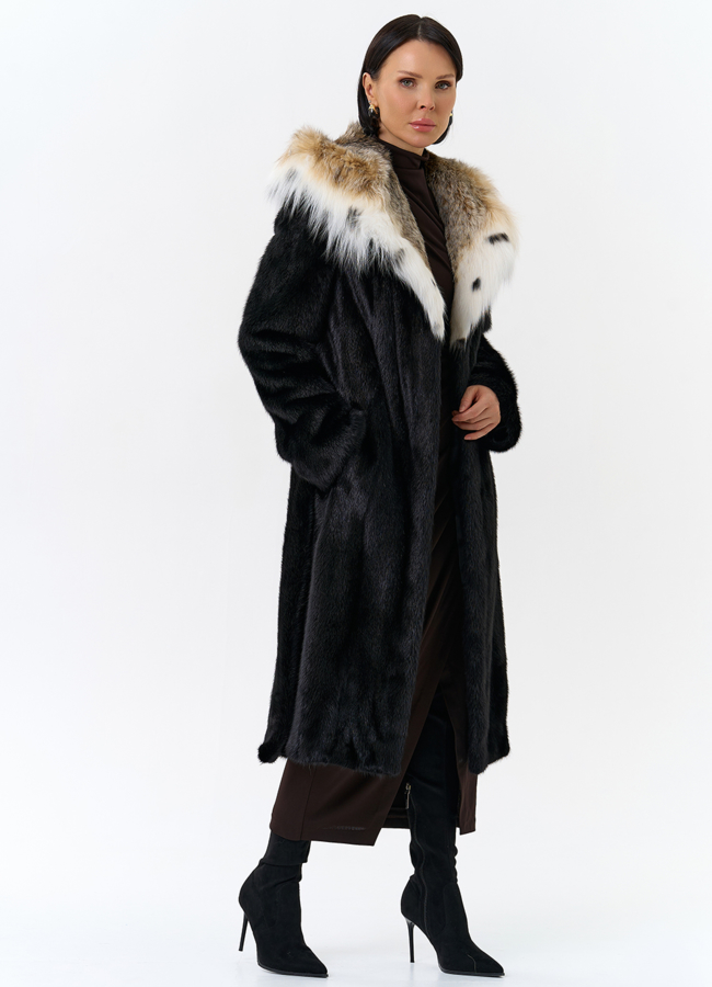 Норковая шуба с рысью в черном цвете модель № 25002 универмаг малина