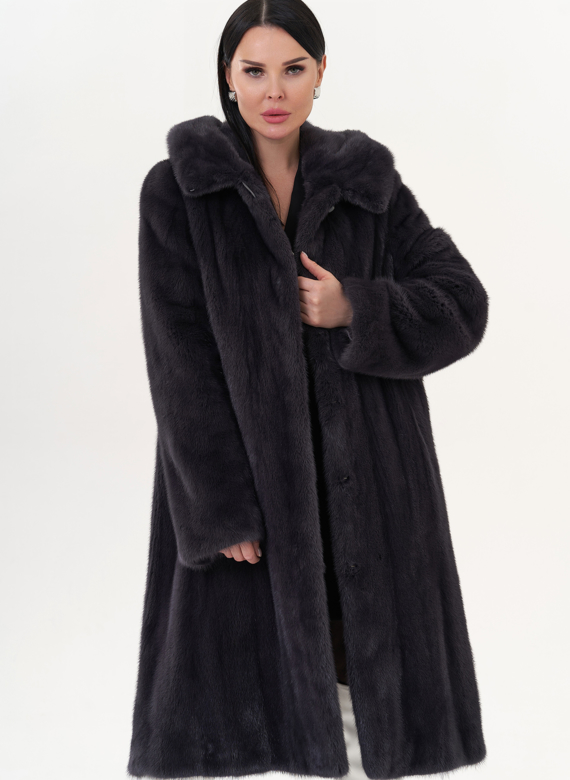 Шуба из норки классическая с капюшоном цвете графит
