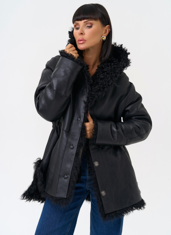 Женская двухсторонняя дубленка с капюшоном