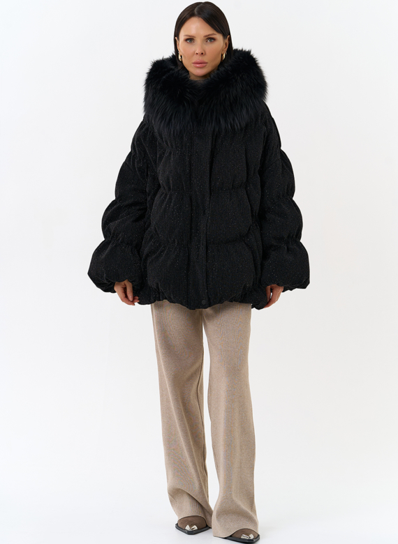 Женский блестящий пуховик с отделкой из меха чернобурки