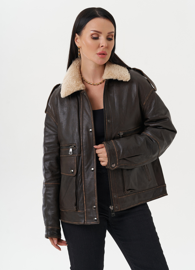 Кожаная куртка-пилот  модель № 28112 универмаг малина