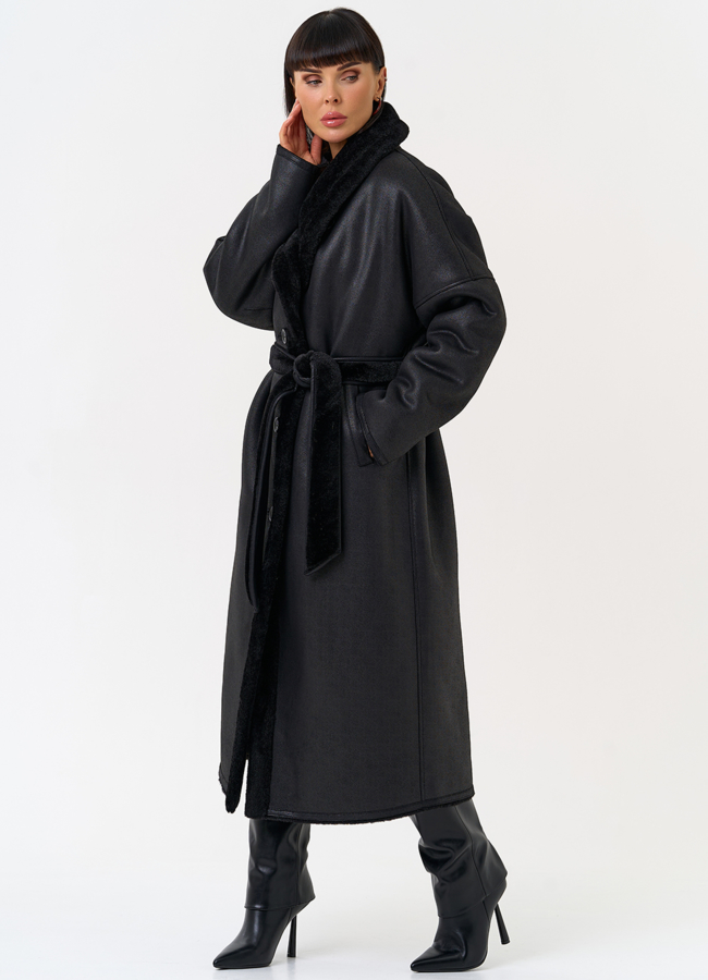 Женская двухсторонняя дубленка из эко замши с воротником шаль модель № 31506 меха малина