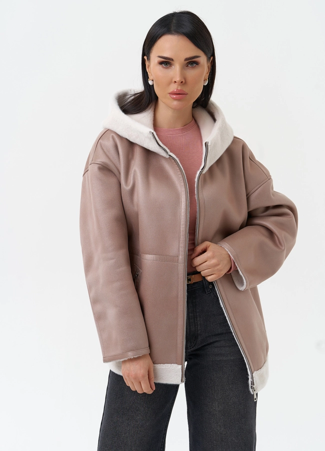 Женская дубленка из эко замши с капюшоном модель № 30209 меха малина