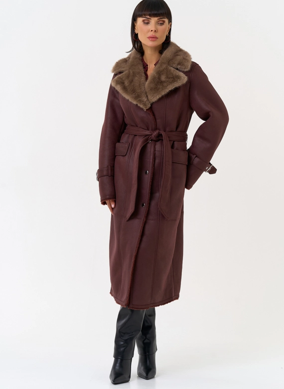 Женская дубленка из эко замши с английским воротником