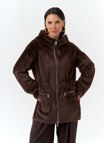 Двухсторонняя дубленка из эко замши с капюшоном